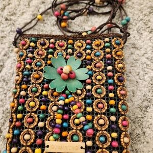 Handmade women Bright Multi Coloured Wooden Beaded Cross Body Mini Bag